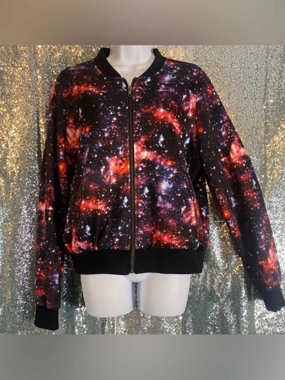 Hot Topic Galaxy Bomber Jacket Size Large Outer Space Stars Cosmic Nebula Y2K